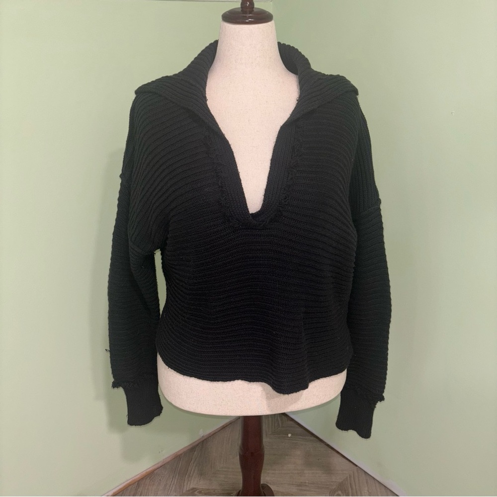 Free People Marlie Pullover Black Ribbed Knit Deep V Oversized Boho Women’s XS